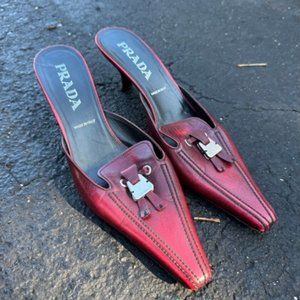 Vintage 90s Prada Red Kitten Heel Mules 40